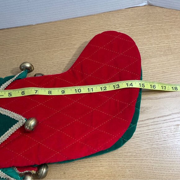 Vtg Velvet Quilted Christmas Stockings Red Green Jingle Bells Gold Trim Set of 2 - Picture 3 of 5